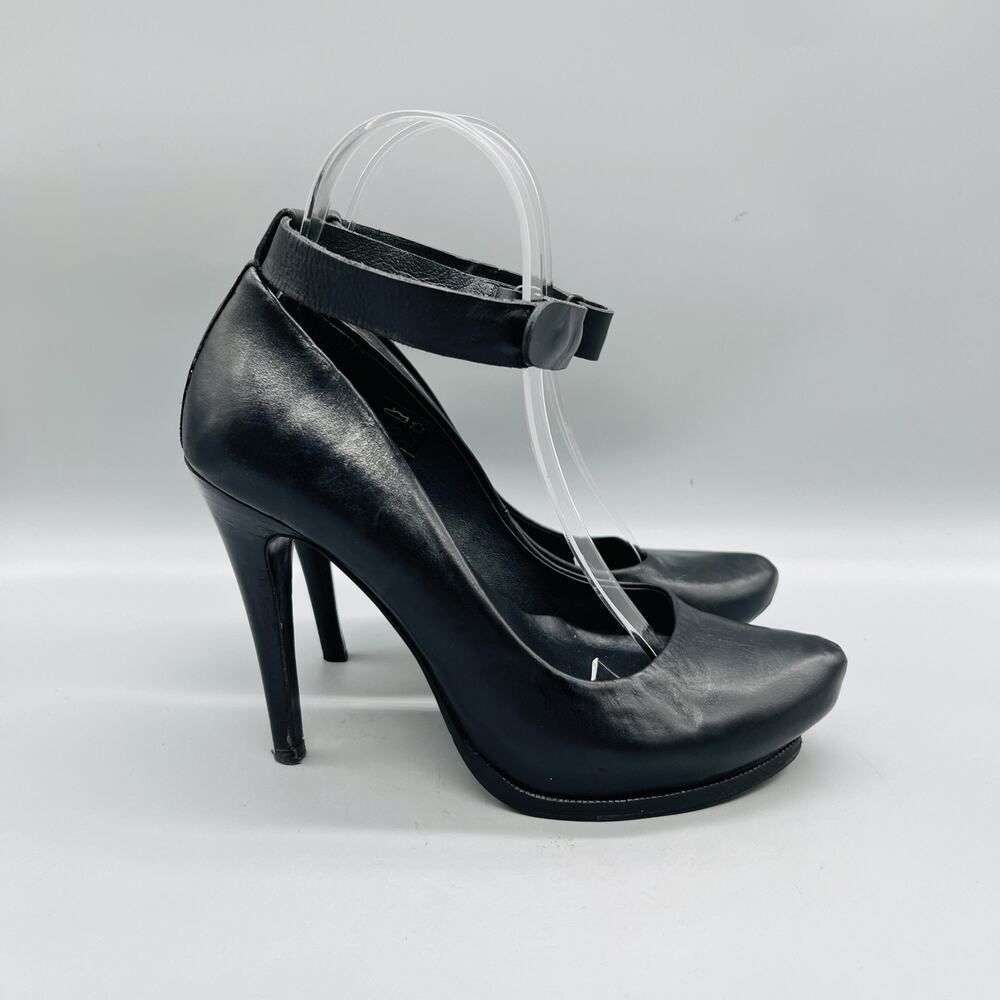 AllSaints Shoes Womens 7 Black Leather Ankle Strap Round Toe Stiletto Pumps